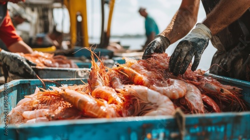 A Fisherman Holds a Handful of Freshly Caught Organic Tiger Prawns from a Blue Crate on a Sunny Day at Sea photo