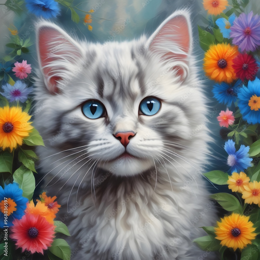 Fototapeta Grey kitten with blue eyes and flowers 