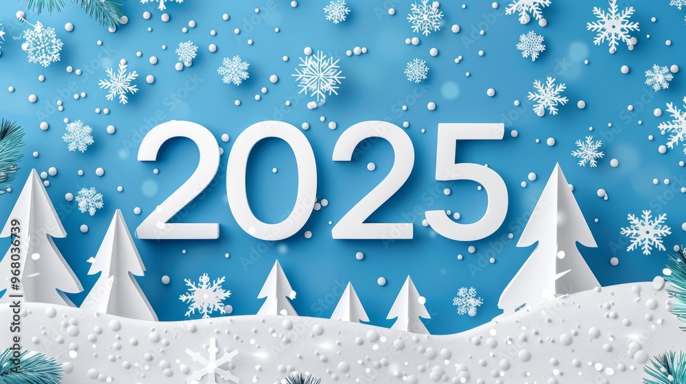 2025 origami paper new year greeting card on blue background with snow and pine trees