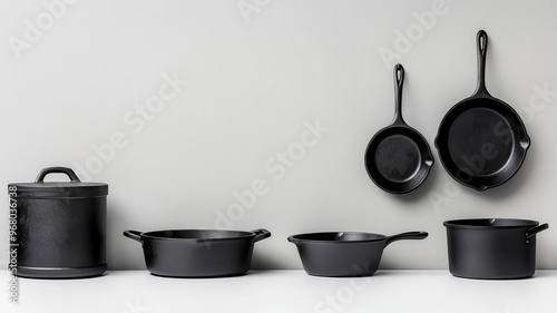 Cast Iron Cookware A set of cast iron skillets and Dutch ovens hanging on the wall, adding both functionality and a rustic aesthetic to the kitchen photo