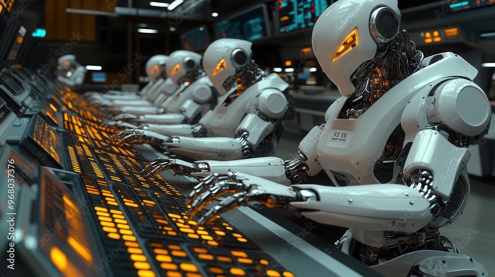 Fototapeta premium Row of humanoid robots working at computer consoles in futuristic control room.