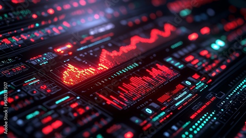 Close-up of a futuristic control panel with red and green lights displaying data and graphs.