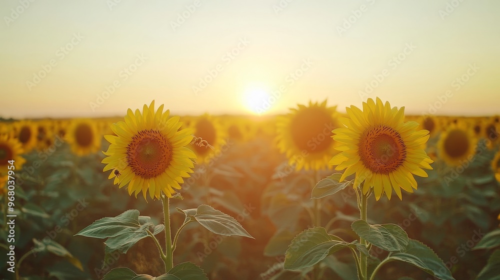Fototapeta premium Stunning Sunset Over a Field of Sunflowers