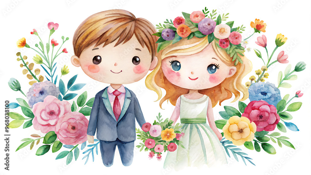 Happy Couple Illustration, Two Men, Girl and Boy Standing on a Summer Valley, Digital Artwork Happy Couple Illustration, Two Men, Girl and Boy Standing on a Summer Valley, Digital Artwork