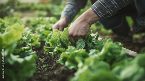 Dedicated male farmer in plaid shirt diligently harvesting fresh lettuce in vibrant green garden under bright sunlight