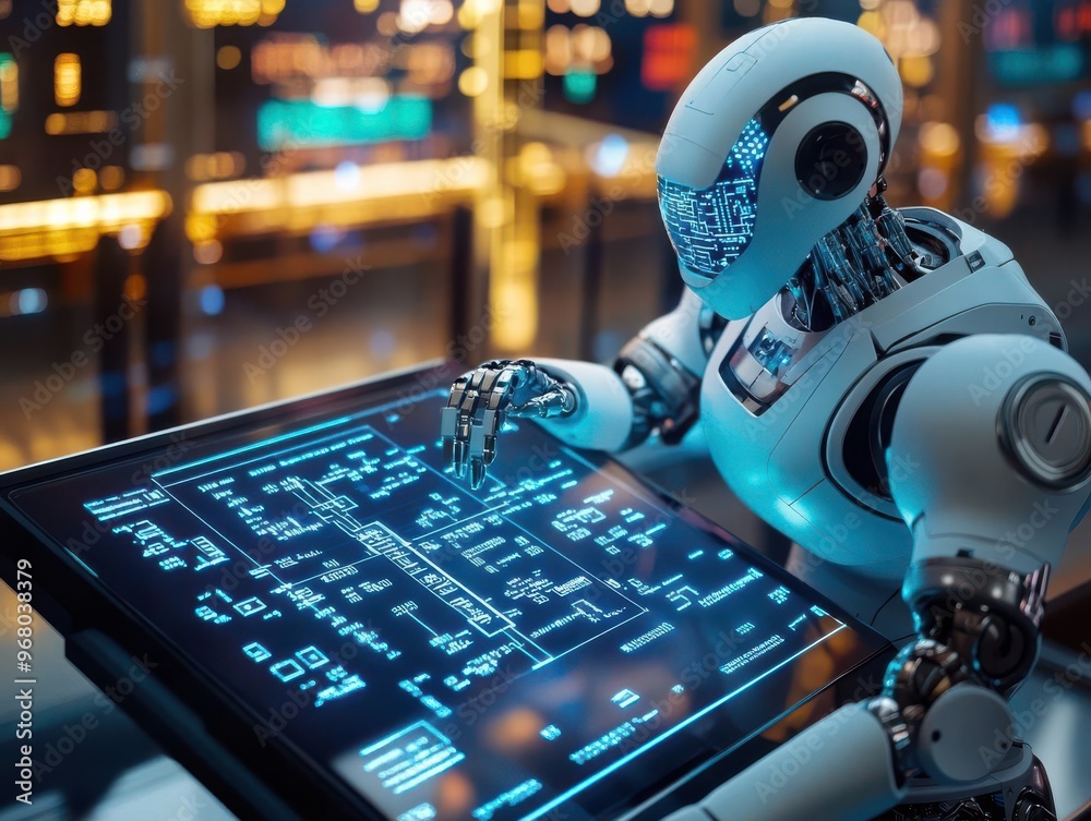 A humanoid robot working on a digital interface. A humanoid robot working on a digital interface.