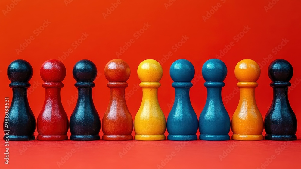 Row of Colorful Wooden Peg Dolls on Red Background Row of Colorful Wooden Peg Dolls on Red Background