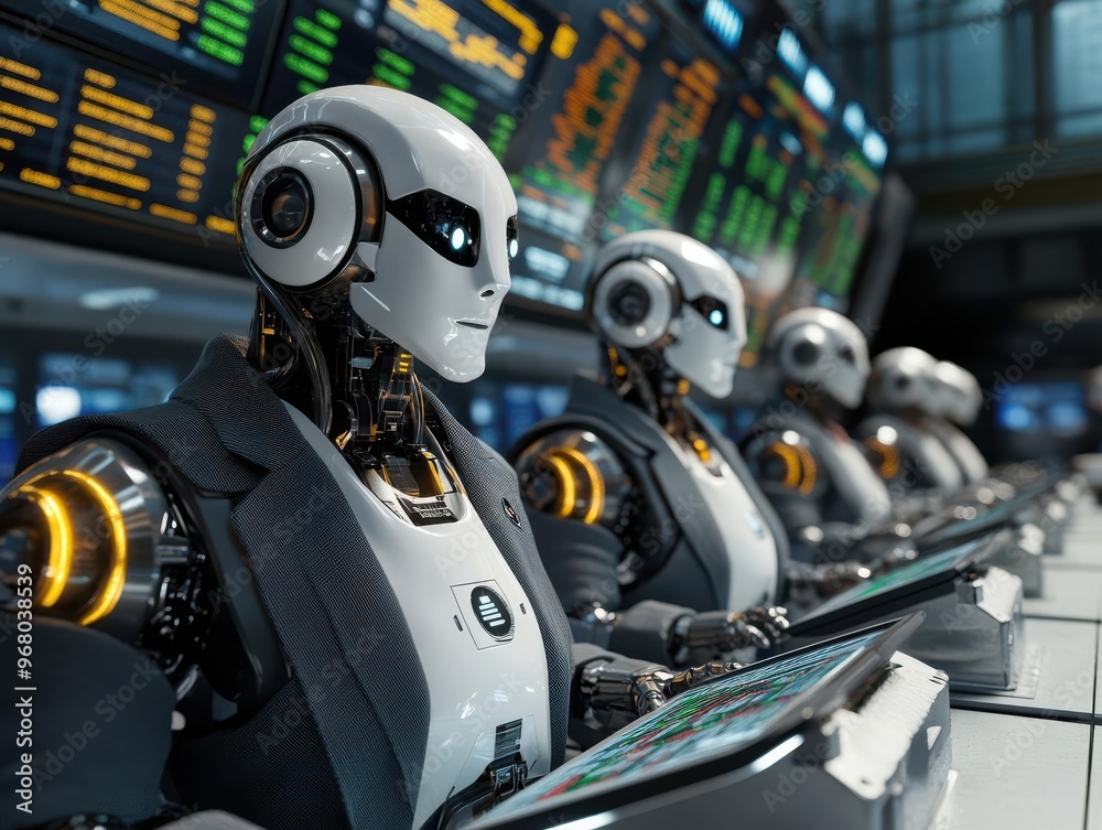 Fototapeta premium A row of humanoid robots in suits working at a trading desk.