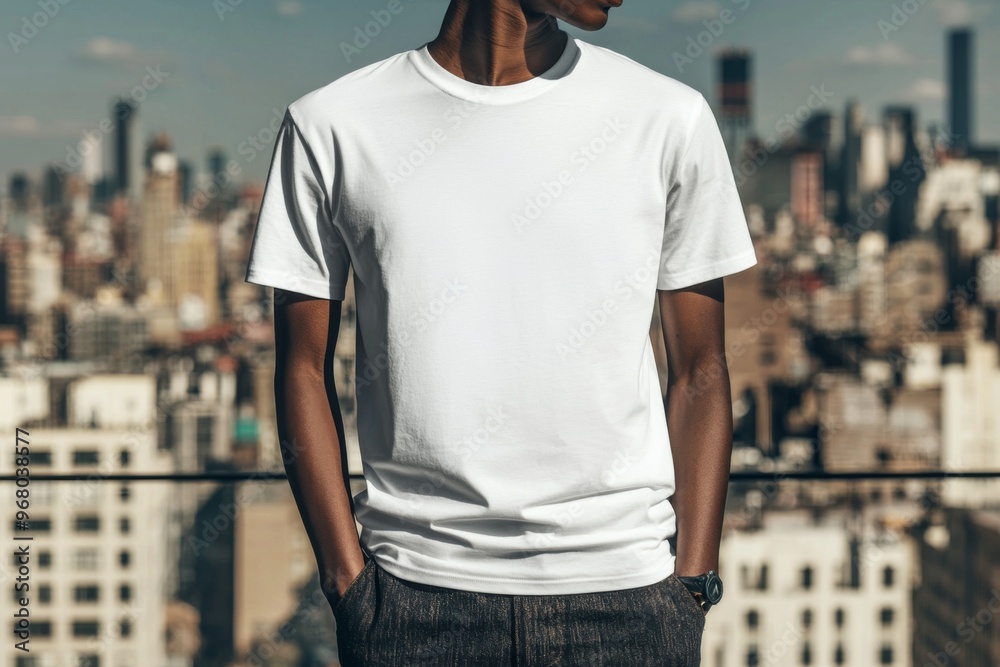 T-shirt worn by a model in an urban street wear style created with Generative AI T-shirt worn by a model in an urban street wear style created with Generative AI