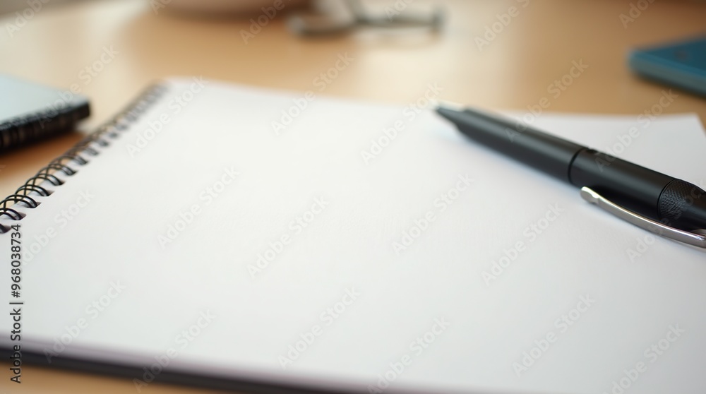 Pen resting on open notepad with copy space for text Pen resting on open notepad with copy space for text