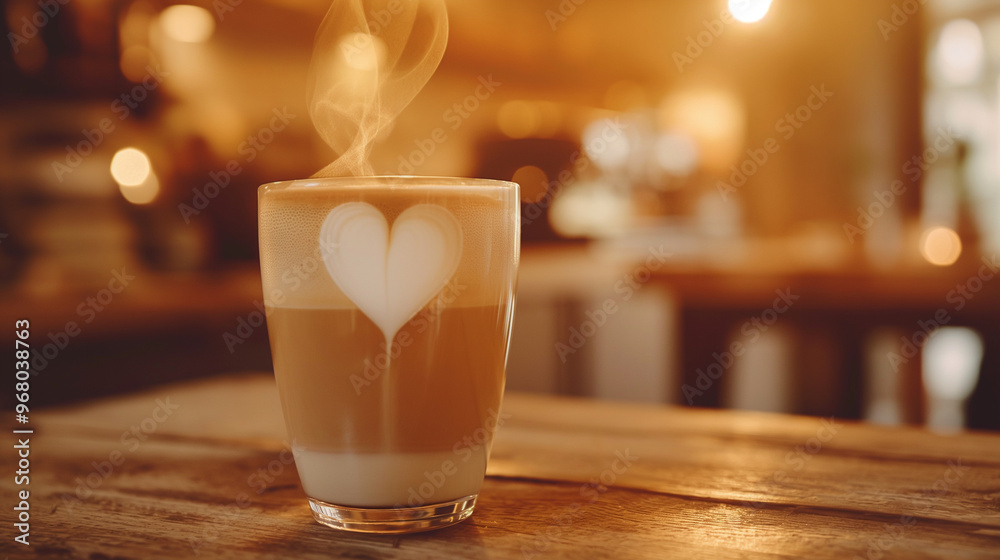 A frothy cappuccino in a glass cup with heart-shaped latte art on top, steam gently rising. The background is a cozy coffee shop with soft, golden lighting, wooden textures, and a calm ambiance. A frothy cappuccino in a glass cup with heart-shaped latte art on top, steam gently rising. The background is a cozy coffee shop with soft, golden lighting, wooden textures, and a calm ambiance.