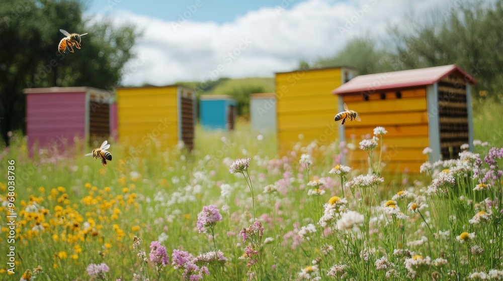 Bees Flying Over Colorful Wildflowers in a Meadow Bees Flying Over Colorful Wildflowers in a Meadow