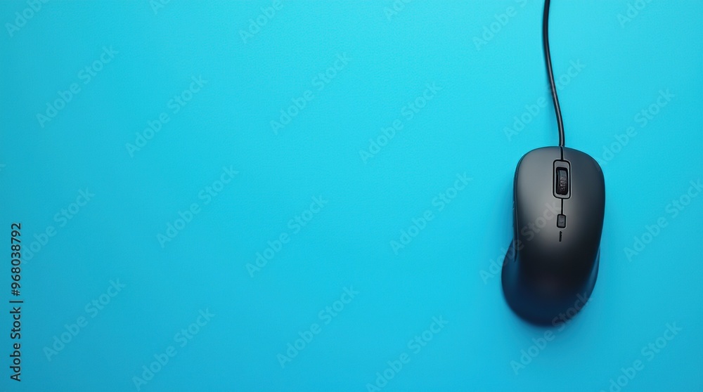 Top view of wired mouse on blue background with text space Top view of wired mouse on blue background with text space