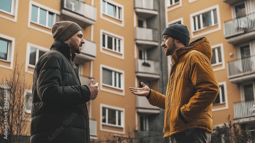 Two men are engaged in a lively discussion in front of a residential building, communicating their thoughts and ideas. Two men are engaged in a lively discussion in front of a residential building, communicating their thoughts and ideas.