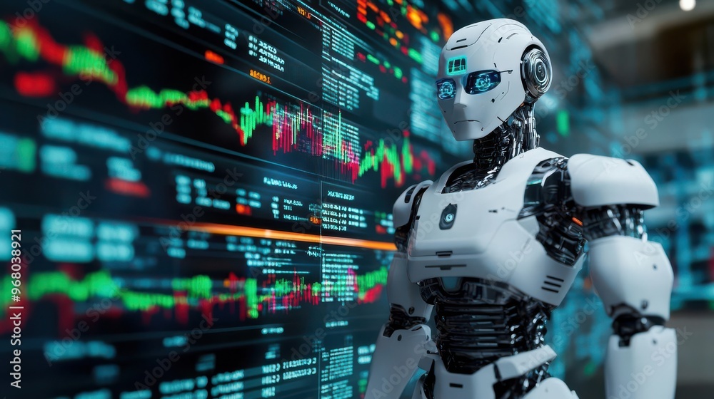 A futuristic robot stands before a digital screen, representing the future of technology. A futuristic robot stands before a digital screen, representing the future of technology.