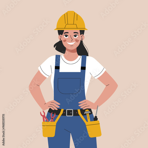 A young woman of unspecified ethnicity wears a yellow hard hat and overalls, confidently posing with tools in her pockets.