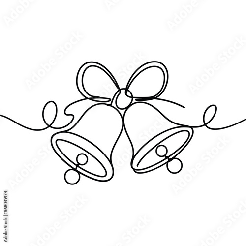 A minimalist black line drawing of two festive bells adorned with a ribbon, evoking a cheerful holiday spirit.