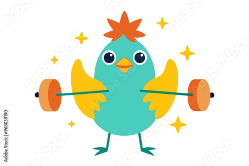 Cartoon Chicken feels pressure as he lifts the barbell with his arms and legs. With some stars vector design