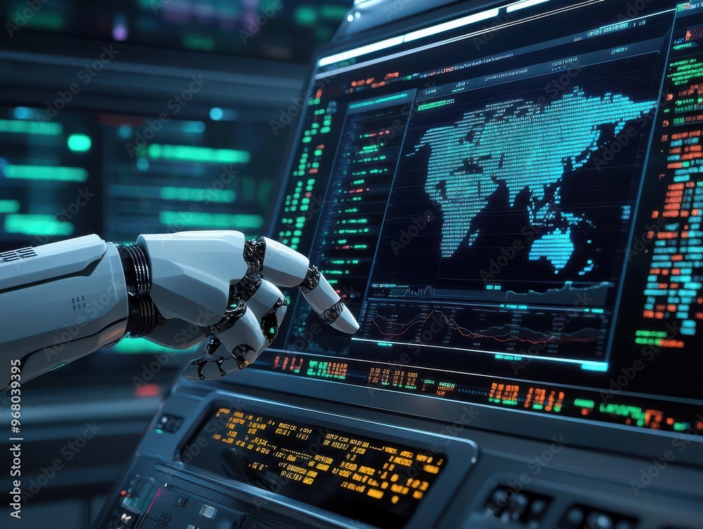 Naklejka premium Robotic hand pointing at a computer screen displaying a world map and code, futuristic technology concept.