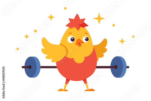 Cartoon Chicken feels pressure as he lifts the barbell with his arms and legs. With some stars vector design photo