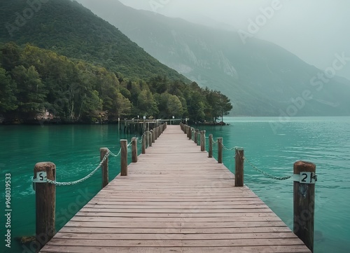 Wallpaper Mural A Beautiful Serene Lake View Featuring a Wooden Pier Set Within a Misty Landscape Scene Torontodigital.ca