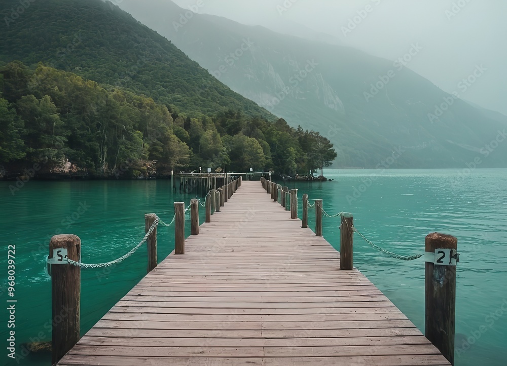 A Beautiful Serene Lake View Featuring a Wooden Pier Set Within a Misty Landscape Scene A Beautiful Serene Lake View Featuring a Wooden Pier Set Within a Misty Landscape Scene