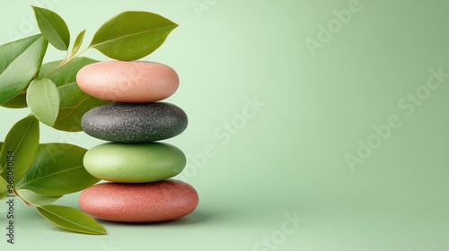 Stacked Stones with Green Leaves on a Green Background