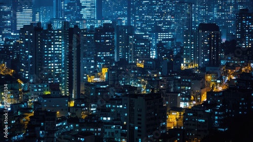 A night shot of a bustling city with countless windows illuminated, highlighting the demand for electricity photo