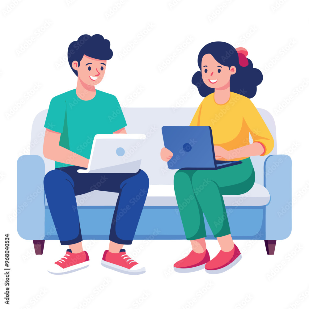 Young students working on laptops sitting on sofa at home Young students working on laptops sitting on sofa at home