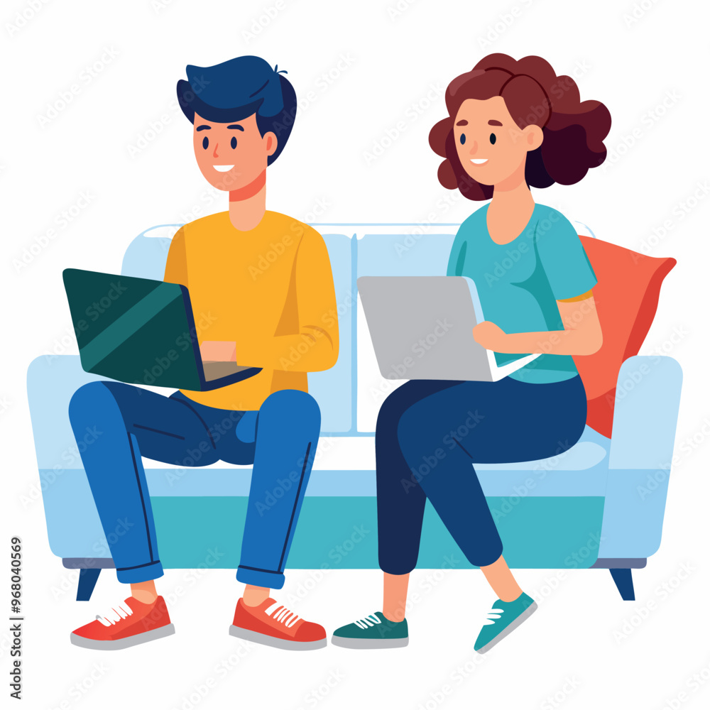 Young professionals working remotely using laptops on sofa Young professionals working remotely using laptops on sofa