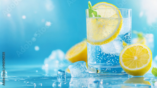 Refreshing sparkling water with lemon slices and ice cubes on a bright blue surface during a sunny day