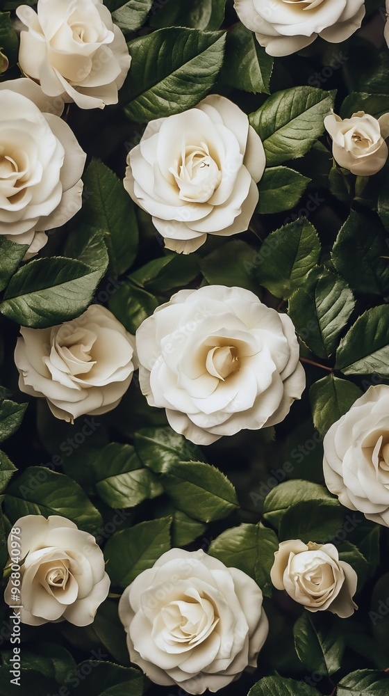 Obraz premium White roses with lush green leaves, floral pattern. Romantic and natural beauty concept