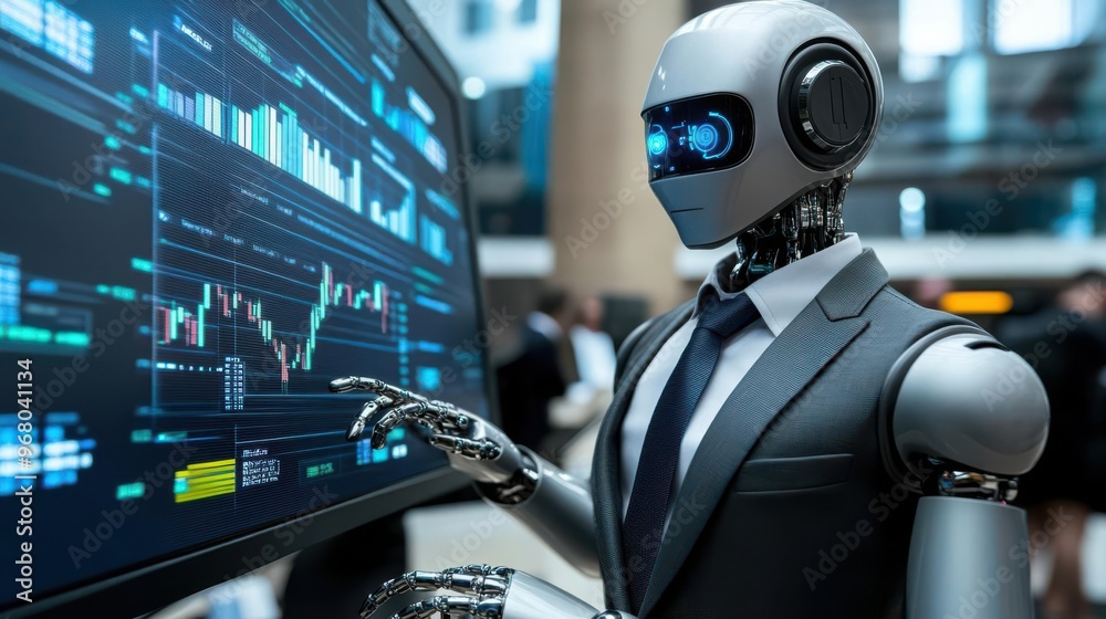 Robot in a suit analyzing data on a screen.