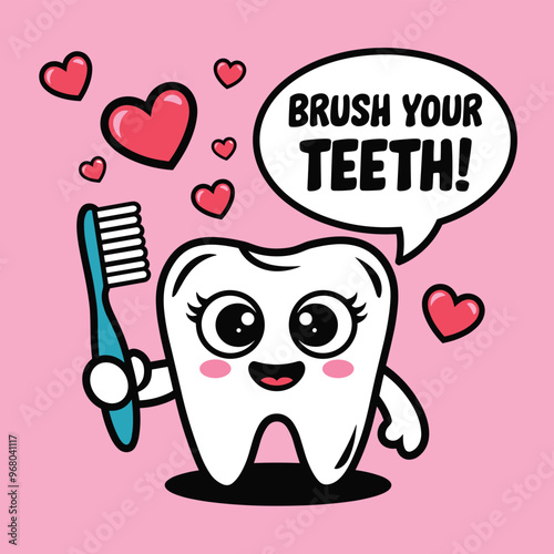 A cheerful cartoon tooth character, smiling and holding a toothbrush, encourages kids to brush their teeth against a pink background.