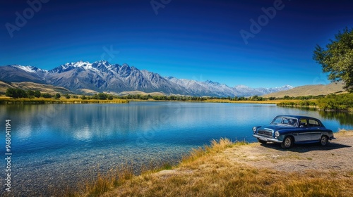 A scenic shot of a car parked by a lakeside with mountains in the background, under a clear blue sky