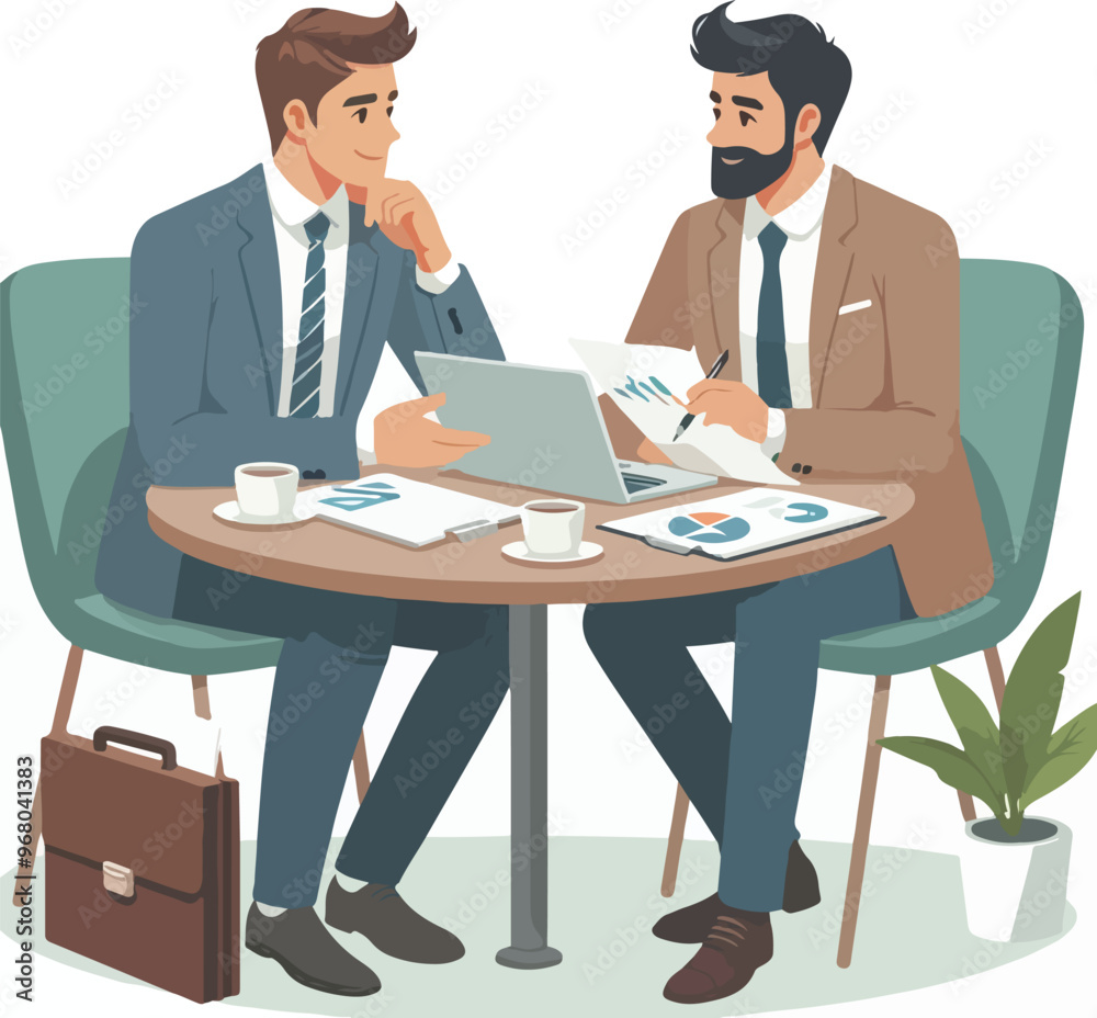 Partners meeting for business discussion with documents and laptop on desk. Couple at round table, speaking, discussing work, partnership. Flat vector illustration isolated on white background