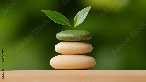 Zen Stones with Sprouting Plant on Green Background