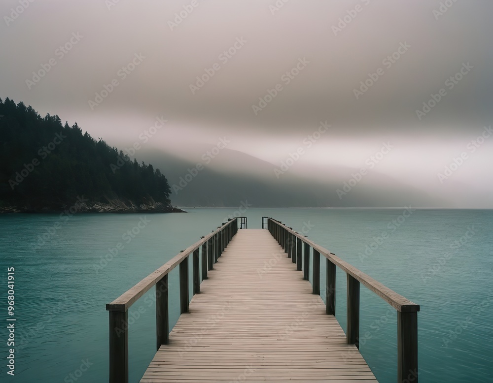 Fototapeta premium A Beautiful Serene Lake View Featuring a Wooden Pier Set Within a Misty Landscape Scene