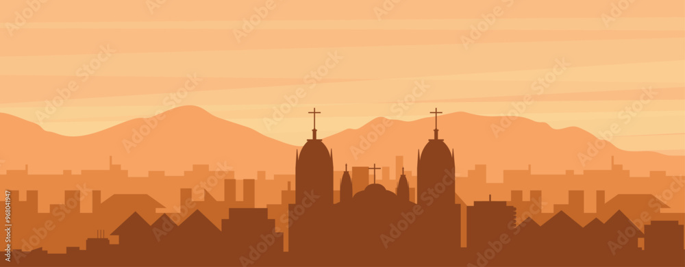 Fototapeta premium Brown panoramic poster of the city skyline with misty background buildings, sunrise, clouds and mountains of CUSCO, PERU