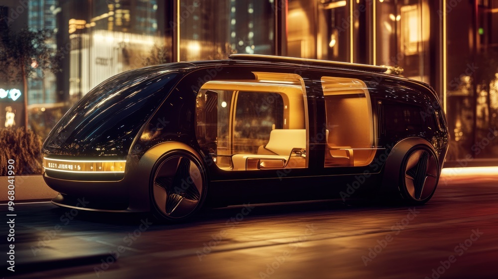 Futuristic Autonomous Vehicle Parked at Night Futuristic Autonomous Vehicle Parked at Night