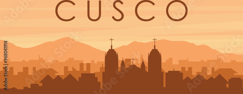 Brown panoramic poster of the city skyline with misty background buildings, sunrise, clouds and mountains of CUSCO, PERU