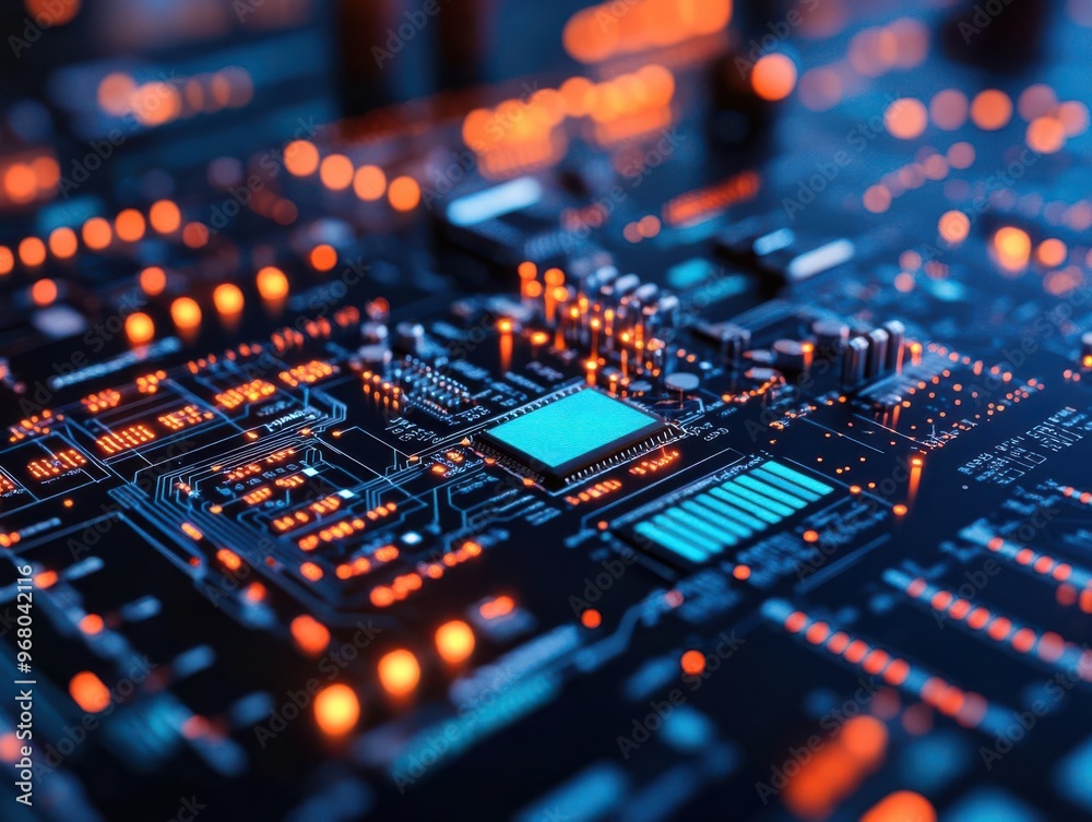 Close-up of a circuit board with a processor chip. Close-up of a circuit board with a processor chip.