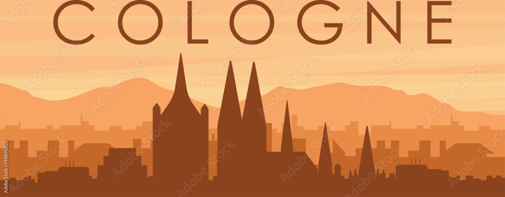Brown panoramic poster of the city skyline with misty background buildings, sunrise, clouds and mountains of COLOGNE, GERMANY Brown panoramic poster of the city skyline with misty background buildings, sunrise, clouds and mountains of COLOGNE, GERMANY