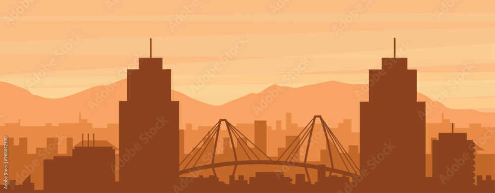 Naklejka premium Brown panoramic poster of the city skyline with misty background buildings, sunrise, clouds and mountains of CHARLESTON, UNITED STATES