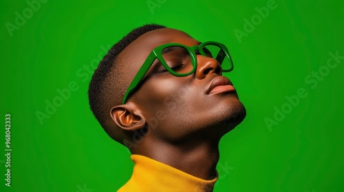 Portrait of a Young Black Man Wearing Green Glasses Against a Green Background