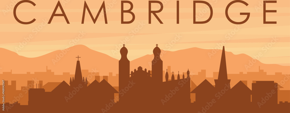 Brown panoramic poster of the city skyline with misty background buildings, sunrise, clouds and mountains of CAMBRIDGE, UNITED KINGDOM Brown panoramic poster of the city skyline with misty background buildings, sunrise, clouds and mountains of CAMBRIDGE, UNITED KINGDOM