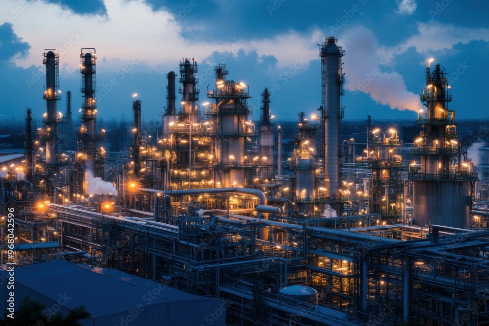 An expansive oil refinery at dusk, with complex pipes and towers lit by bright industrial lights, emitting subtle plumes of smoke An expansive oil refinery at dusk, with complex pipes and towers lit by bright industrial lights, emitting subtle plumes of smoke