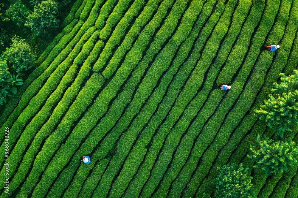 Fototapeta premium aerial drone view of green tea plantation highlands from above with hats of tea collectors or pickers seen from distance. Tea industry asian countries. 