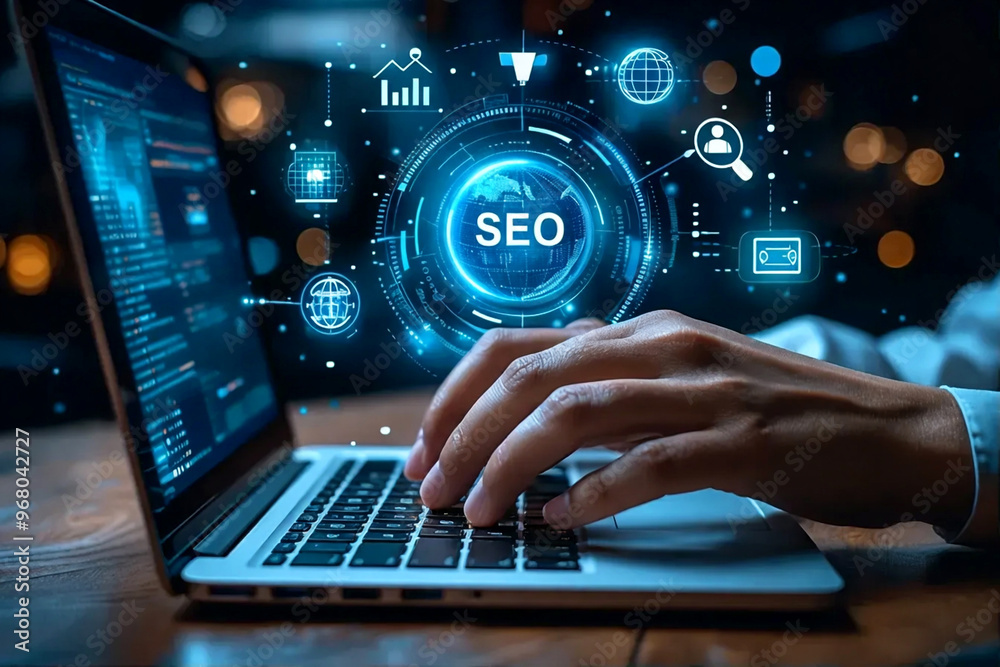 SEO Optimization on Laptop Digital Marketing and Data Analytics Concept SEO Optimization on Laptop Digital Marketing and Data Analytics Concept