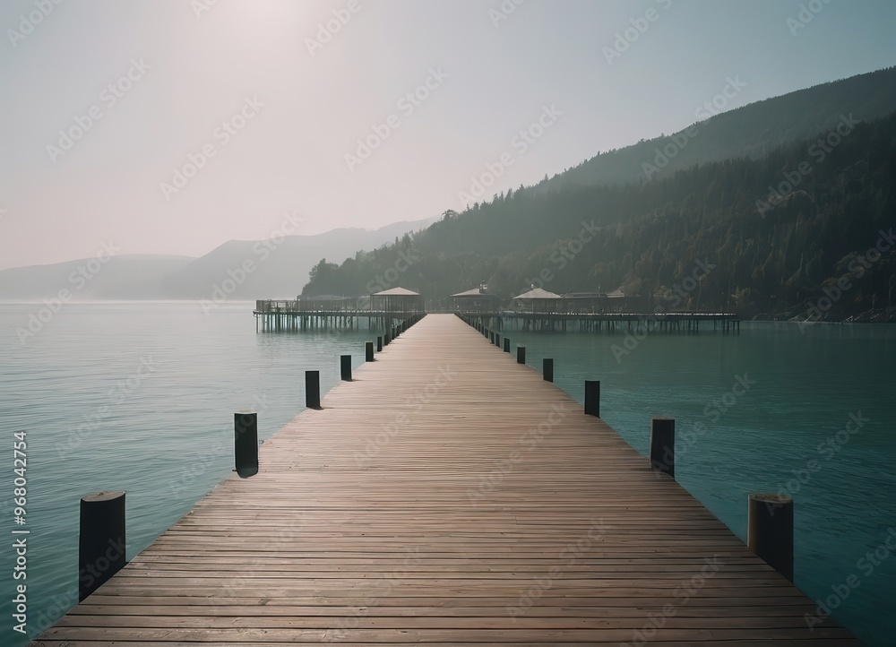 A Beautiful Serene Lake View Featuring a Wooden Pier Set Within a Misty Landscape Scene